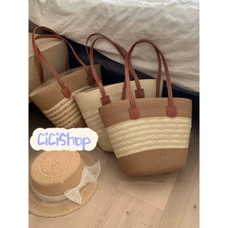 Cicishop(A137) กระเป๋าสานทอ ใบใหญ่ สะพานข้าง ใส่ของได้เยอะ พกพาง่ายใส่ไปทะเลหรือไปเที่ยววันหยุด