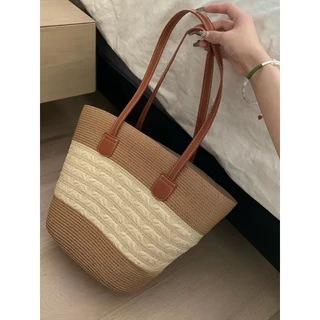 Cicishop(A137) กระเป๋าสานทอ ใบใหญ่ สะพานข้าง ใส่ของได้เยอะ พกพาง่ายใส่ไปทะเลหรือไปเที่ยววันหยุด