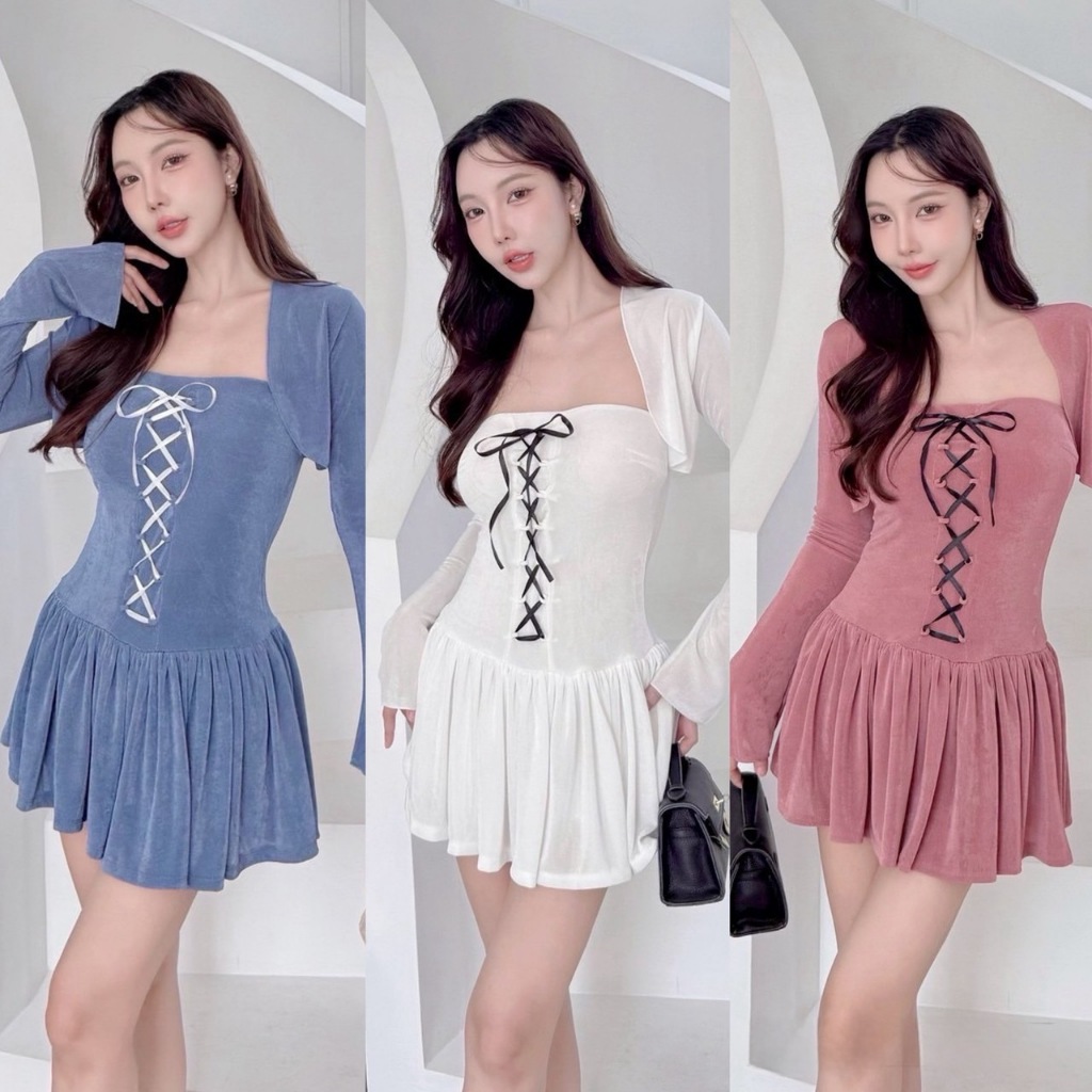 S17 -ชุดเซ็ต เดรสเกาะอก+เสื้อคลุม รุ่นโบว์ริบบิ้น