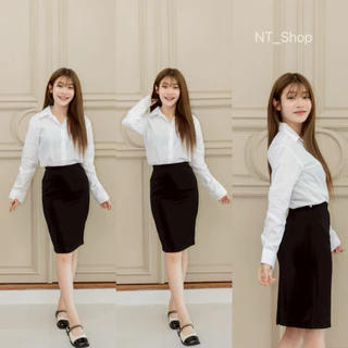 เสื้อนักศึกษาแขนยาวผู้หญิง[สีขาวนวล/สีขาวโอโม่]เข้ารูปหลังโล่ง(ผ้าคอมทวิว)รอบอก”32-48”