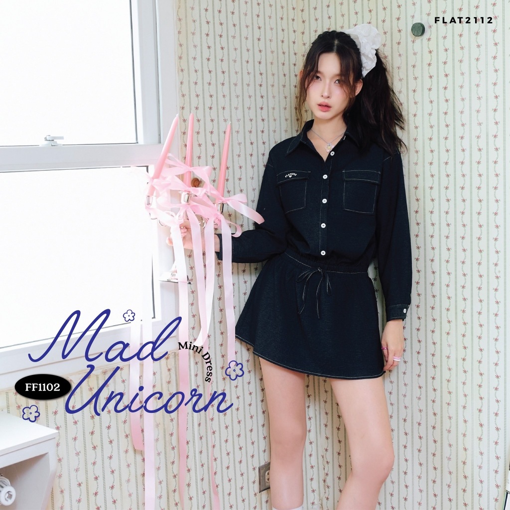 FLAT2112 FF1102 : MAD UNICORN MINI DRESS เดรสสั้น เดรสแขนยาว ชุดผู้หญิง แฟชั่นผู้หญิง