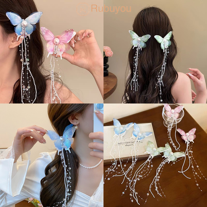 Rubuyou 2025ใหม่ กิ๊บติดผม ผีเสื้อพู่ จี้ ไตล์ชาติพันธุ์  ผู้หญิง แฟชั่น เครื่องประดับผมกิ๊ฟ -COD