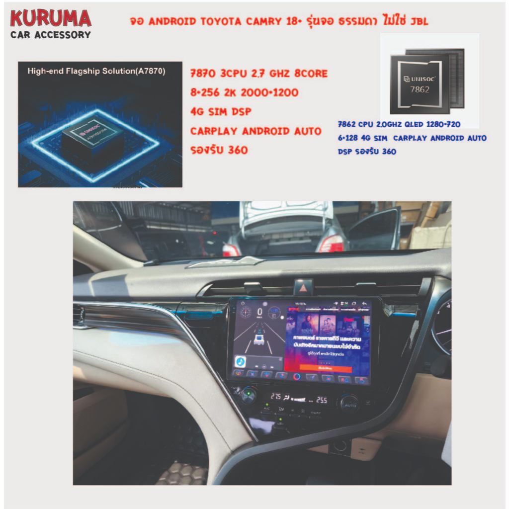 จอ android Toyota camry 18+ 7862 3CPU 2.7GHZ 8+256 2k 360/7862 2CPU 8core 6+128 QLED 360
