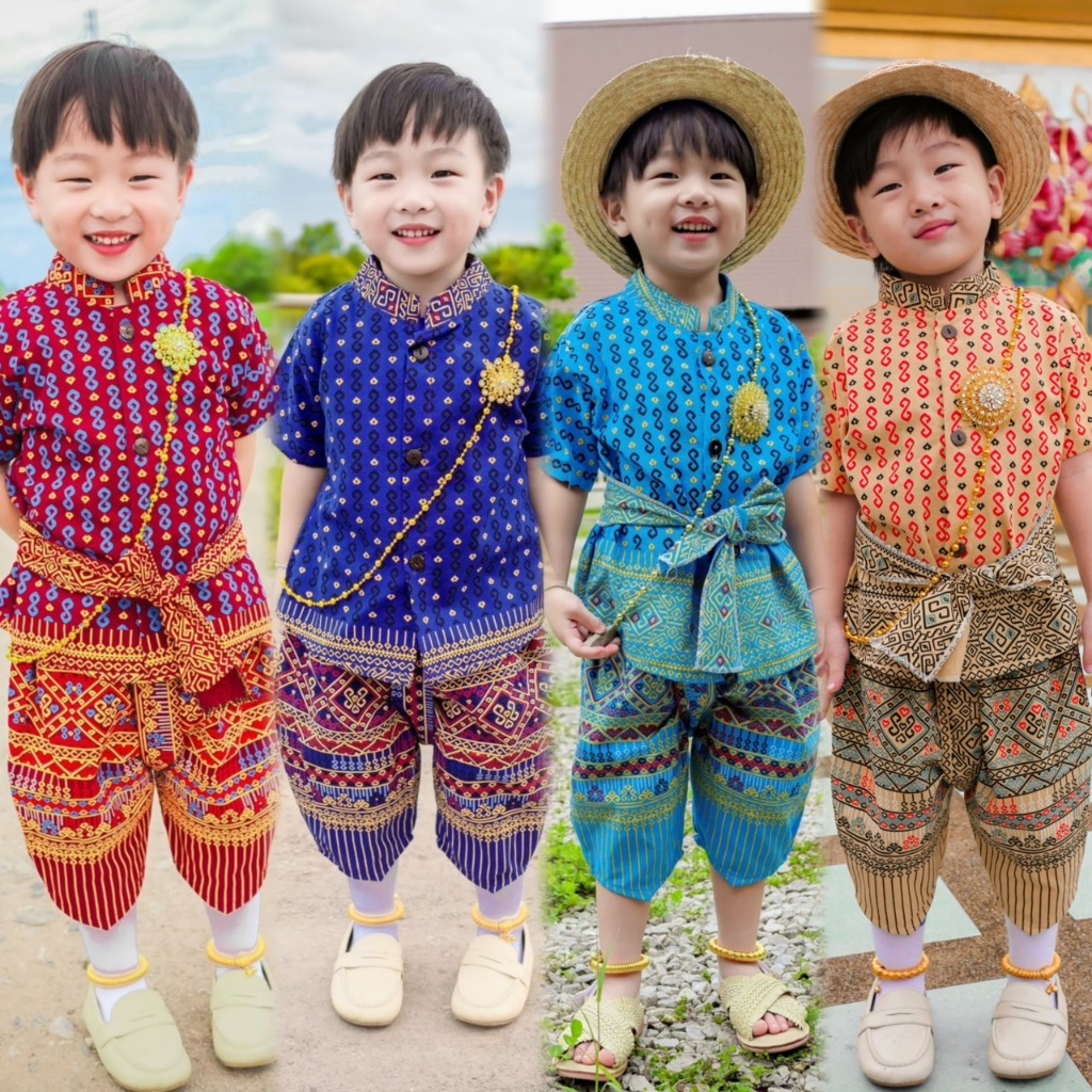 ชุดไทยเด็กผู้ชาย ชุดโจงกระเบน  / มีผ้ามัดเอว - (ลายตะขอพิมพ์ทอง)