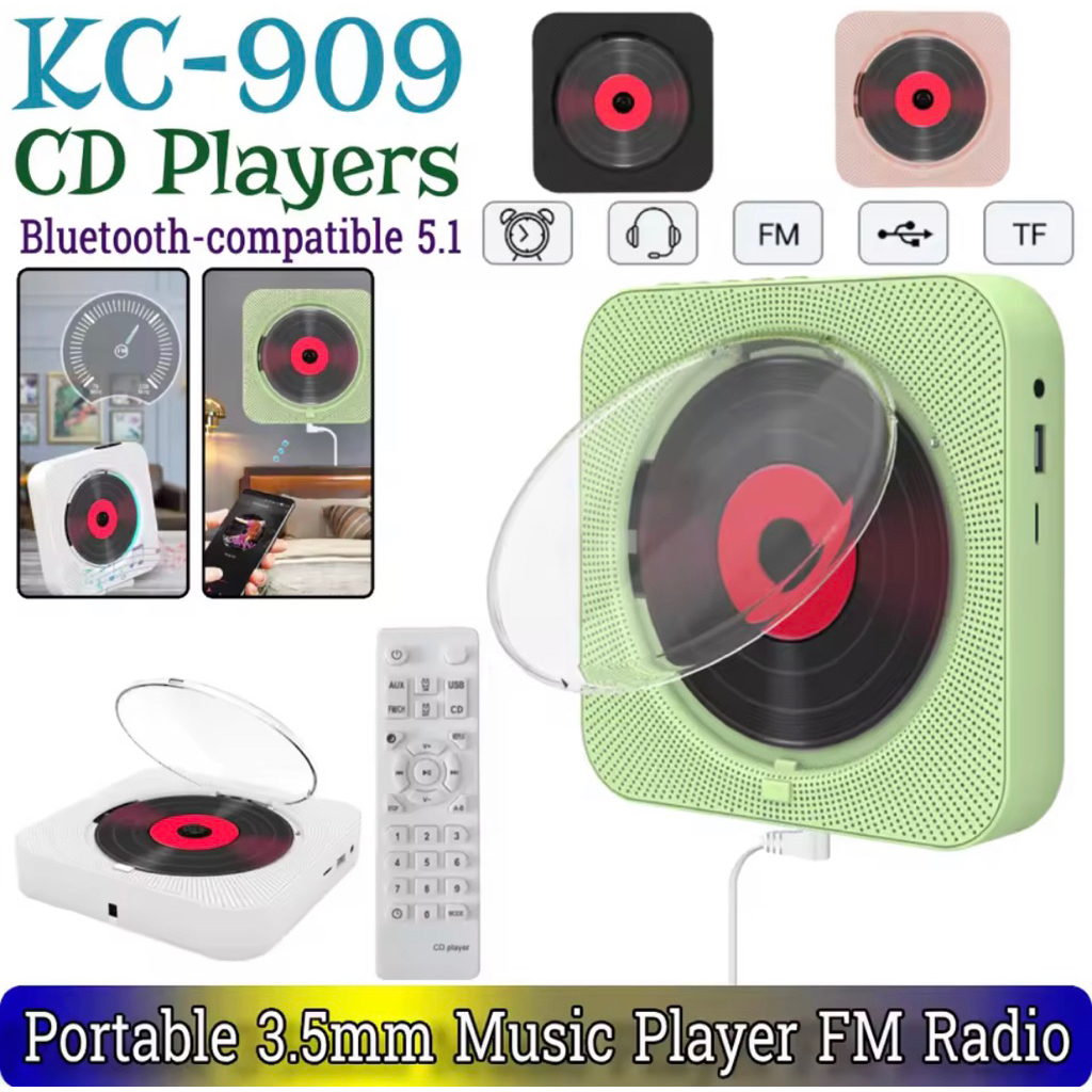 KC-909 เครื่องเล่น CD แบบพกพาลำโพงในตัวสเตอริโอ CD พร้อมคู่3.5มม.แจ็คติดผนัง CD เครื่องเล่นเพลง รีโมทคอนโทรล IR FM วิทยุ