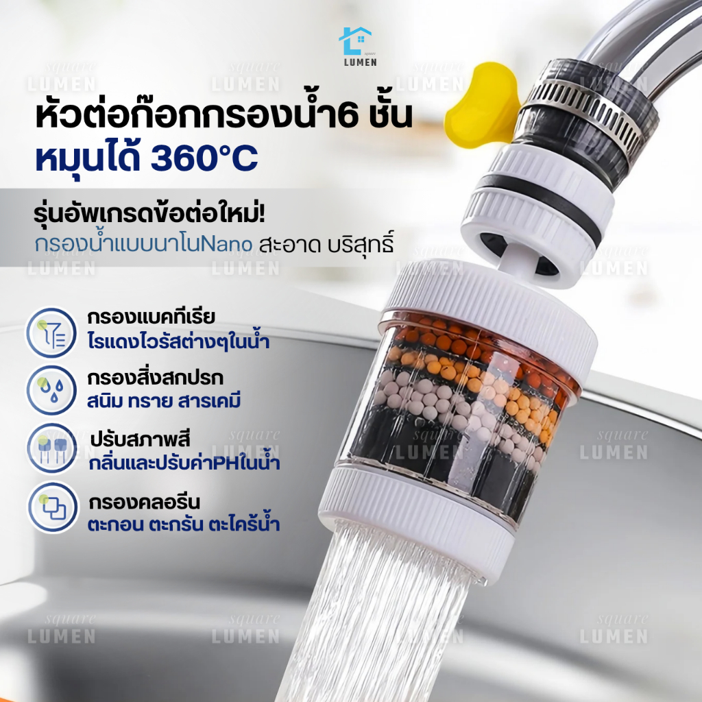 หัวต่อก๊อกกรองน้ำหมุนได้ 360°C(อัพเกรดใหม่) ชั้นกรอง 6ชั้น กันน้ำกระเด็น หัวกรองก๊อกน้ำ ที่กรองน้ำ หัวกรองน้ำ ระบบน้ำ