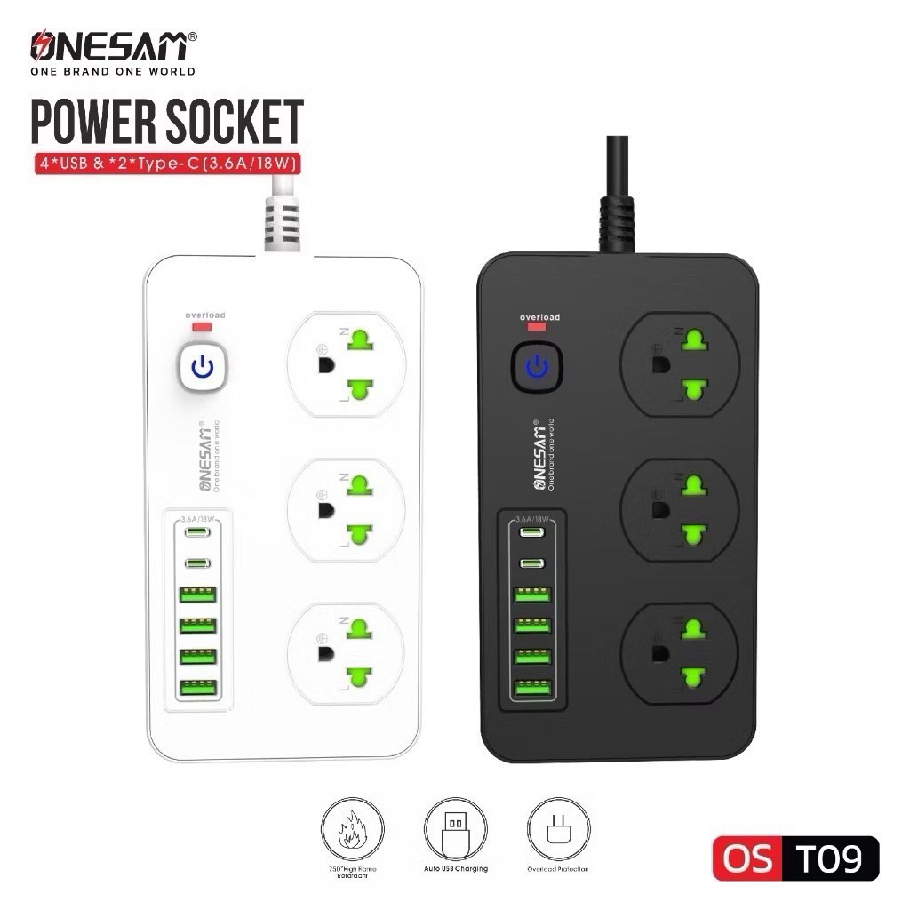 🇹🇭ร้านไทยส่งไวมาก🔥 ปลั๊กไฟ ONESAM รุ่น T09(NEW) เต้ารับ 3 ช่อง 3.6A 2300W PD 2 พอร์ต USB 4 พอร์ต มีสวิตซ์ ยาว 2,5 เมตร