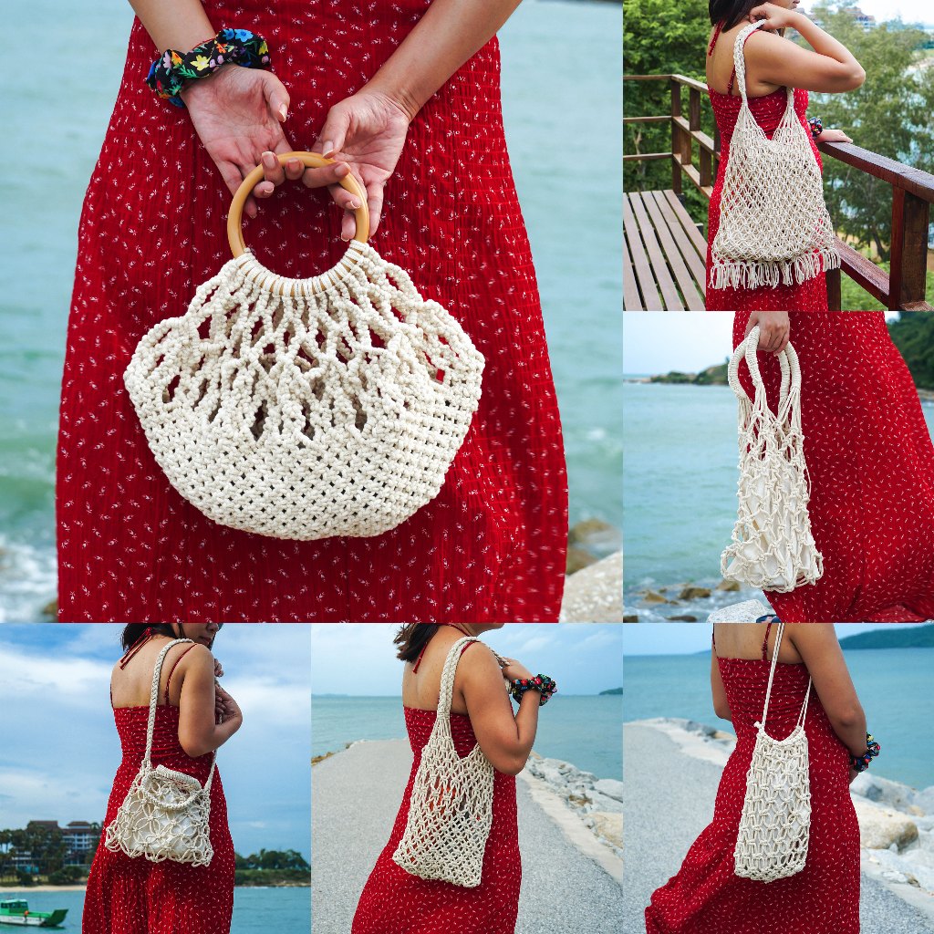 กระเป๋าเชือกถัก กระเป๋าตาข่าย กระเป๋าถัก ถือ หูหิ้ว มาคราเม่ แฮนด์เมด macrame bag handmade
