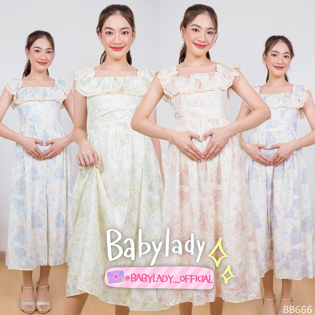 BB 666 ชุดเดรสคลุมท้อง BY BABYLADY เนื้อผ้าคอตตอนเนื้อพรีเมียม detail ระบายช่วงอก ใส่ได้ 2 แบบ