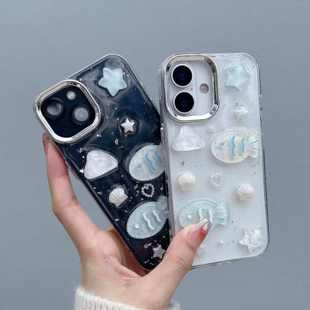 เคสใสกากเพชร ขอบเงิน ลายปลลาดาว รุ่น i11 12 promax i13 promax i14 promax 14plus i15 15promax i16 promax 16plus