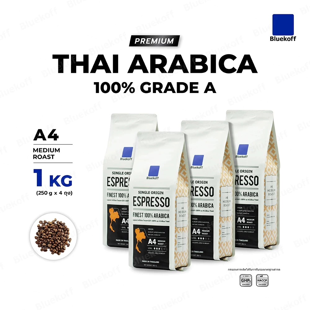 Bluekoff A4 Medium Roast เมล็ดกาแฟไทย อราบิก้า 100% Premiumเกรด A จำนวน 1 กิโลกรัม(250 กรัม x 4 ถุง) is