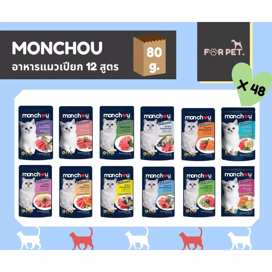 monchou มองชู อาหารแมวชนิดเปียก สูตร Balanced 80 กรัม [1 ลัง (48 ซอง)]