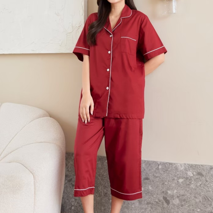 G&G Nightwear รุ่น EN2PB5 ชุดนอน เสื้อแขนสั้นคอปก + กางเกงขา 4 ส่วน สีแดง (RE)