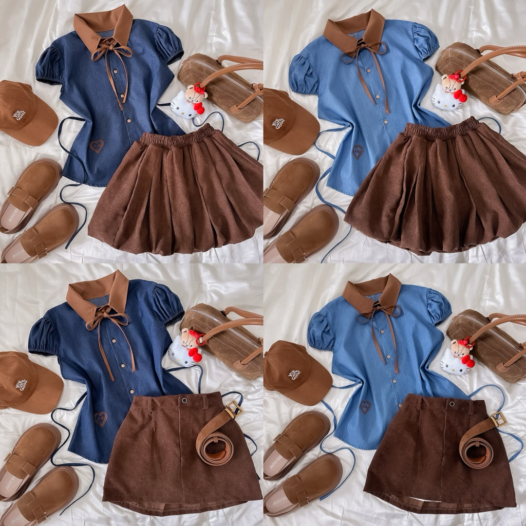 🖤🥨ชุดเซต คอปกแขนตุ๊ก แมทกระโปรงลูกฟูก ปักหัวใจ ( มีขายแยก)