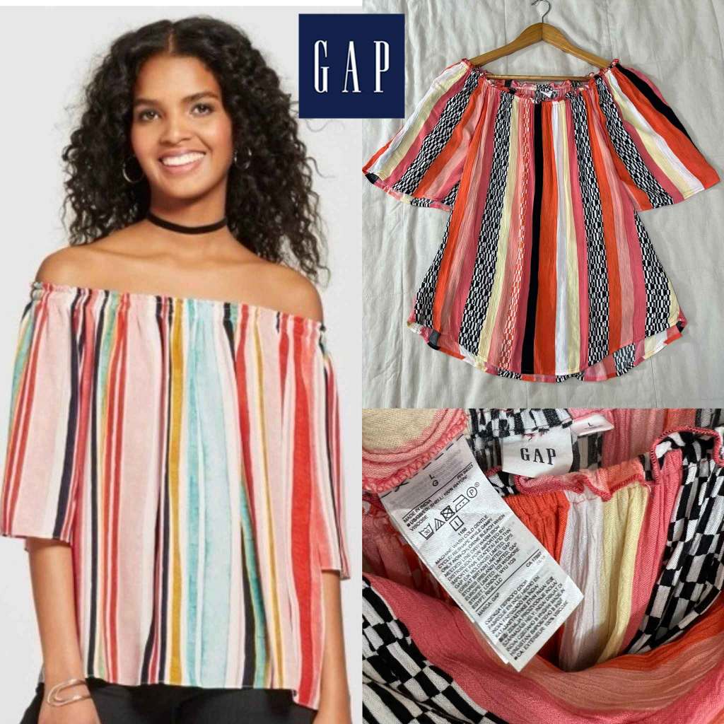 (F467) G A P เสื้อไหล่ปาด ไซส์ L ผ้าวิสโค้ท ใส่แล้วประมาณนางแบบนะคะ รูปจริงด้านขวามือค่ะ อก 40-48 ยา