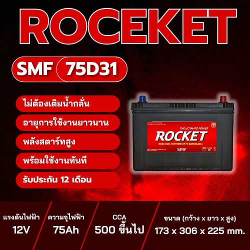 แบตเตอรี่ ROCKET SMF 75D31 R/L ประเภทแบตเตอรี่แห้ง พร้อมใช้งาน 12V 75Ah
