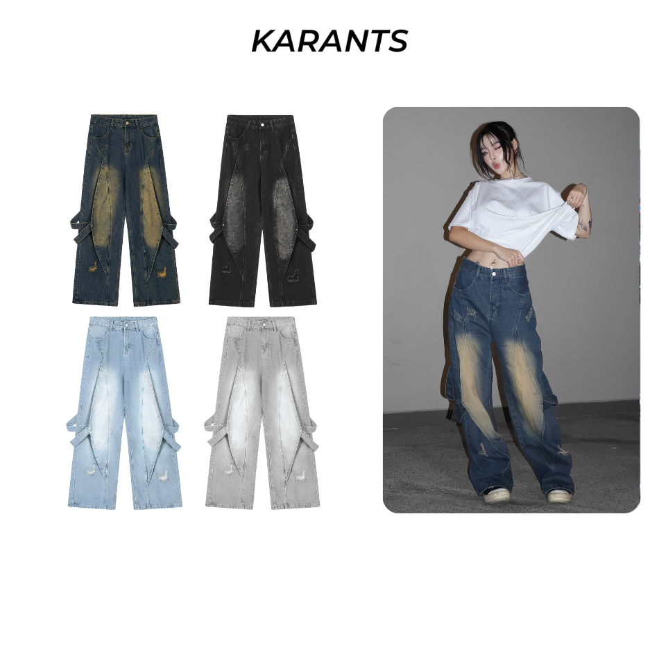 Karants แบรนด์นานาชาติ กางเกงยีนส์ตกแต่งสาย ผ้าเนื้อหนาพิเศษ Y2K ขากว้าง KQ16 Streetwear Hot Trend -