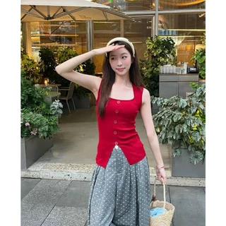 Cic(Z31) เสื้อไหมพรมแขนกุดคอเหลี่ยมแบบกั๊ก กระดุมหลอก ดีเทลแหวกด้านล่าง สไตล์ฝรั่งเศส