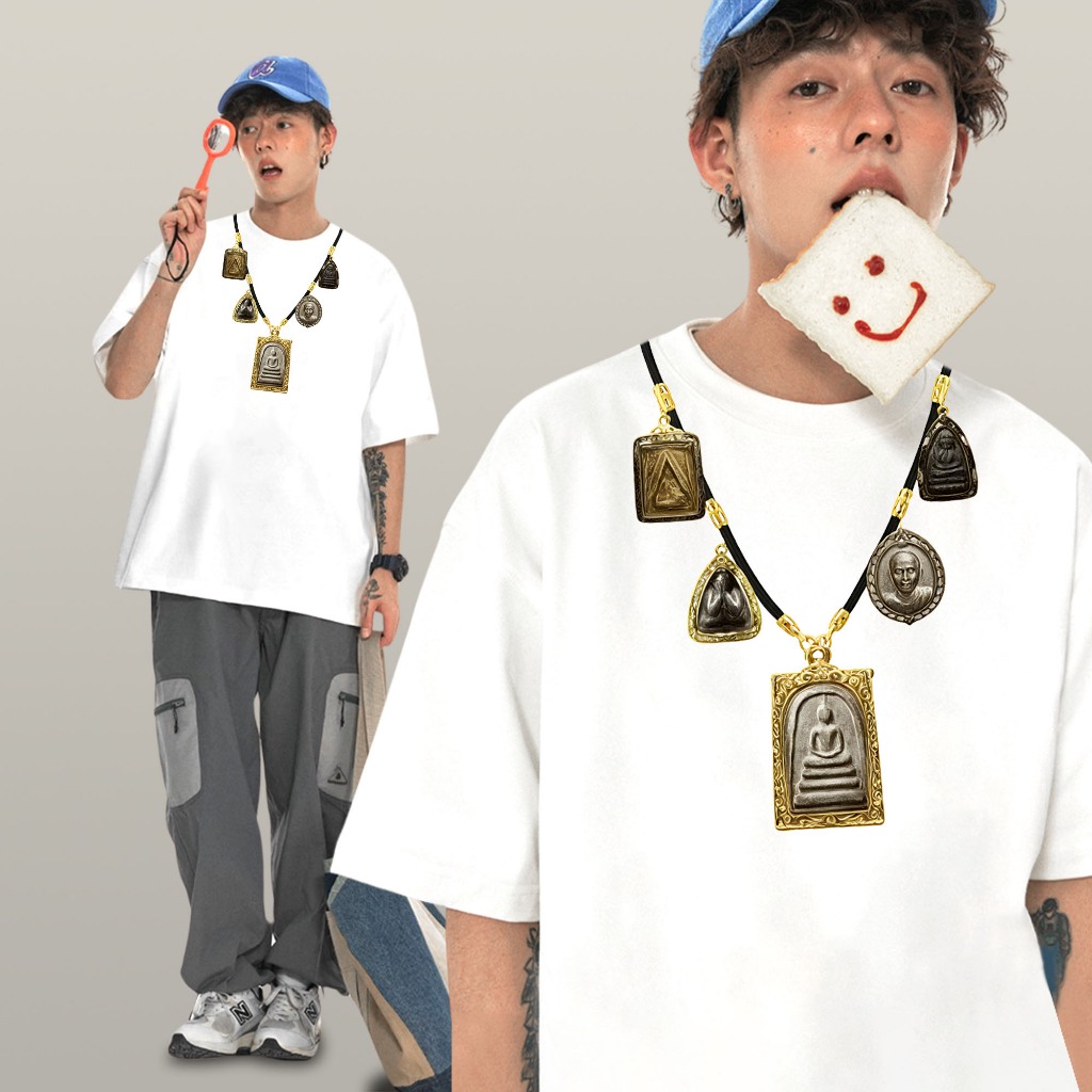 Basiquee เสื้อยืดผู้ชาย Oversize สตรีทเกรดพรีเมียม Cotton 100% ลาย Amulet3 (นุ่ม ไม่หดตัว)