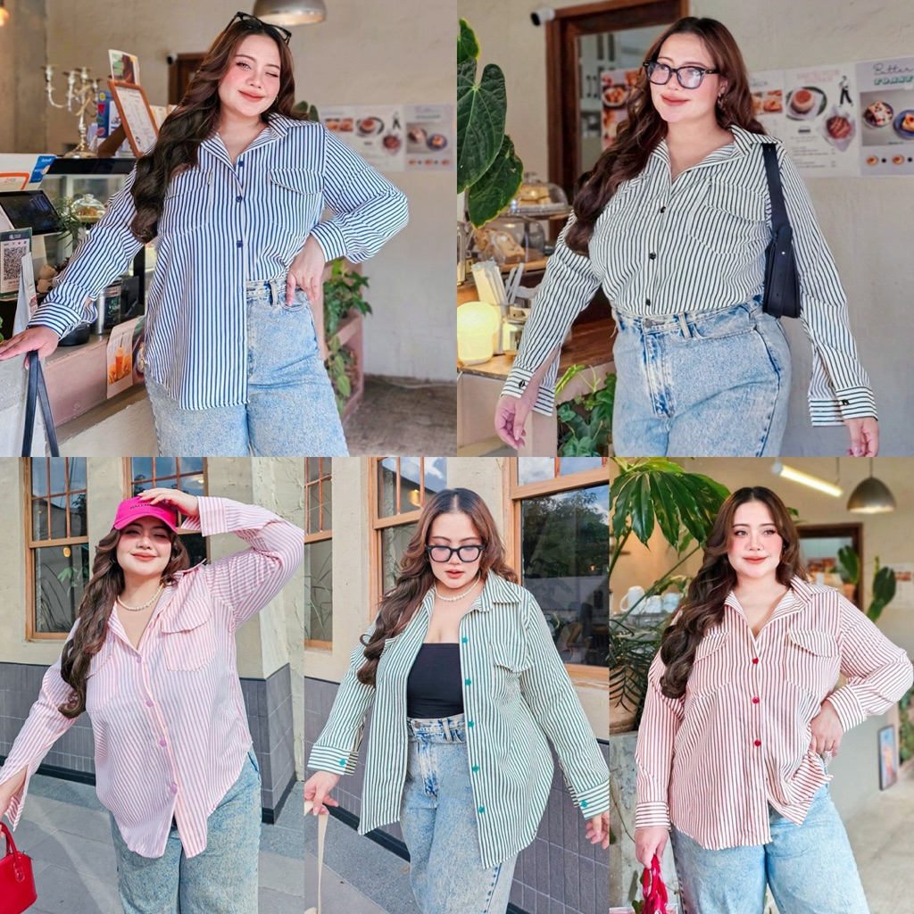 /PF/ เสื้อเชิ้ตสาวอวบ มีไซส์อก46-66 ลายริ้ว แต่งกระเป๋า #เสื้อไซส์ใหญ่ พลัสไซส์
