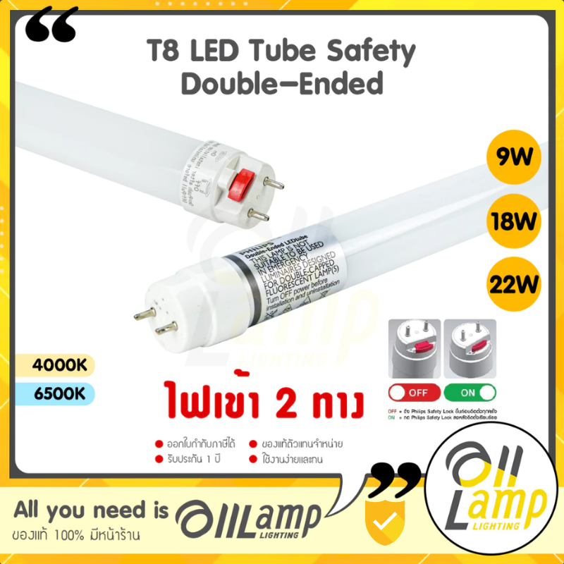 Philips T8 Safety Double-Ended LED tube หลอดนีออน 9W 18W 22W ยาว 600mm 1200mm ไฟเข้าสองข้าง