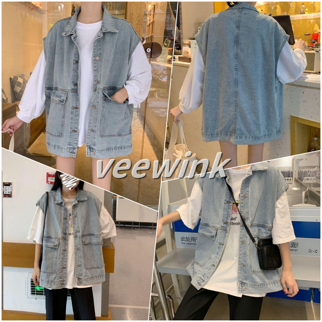Veewink เสื้อกั๊กยีนส์เเขนกุด สีพื้น สไตล์ลำลอง สำหรับผู้หญิง