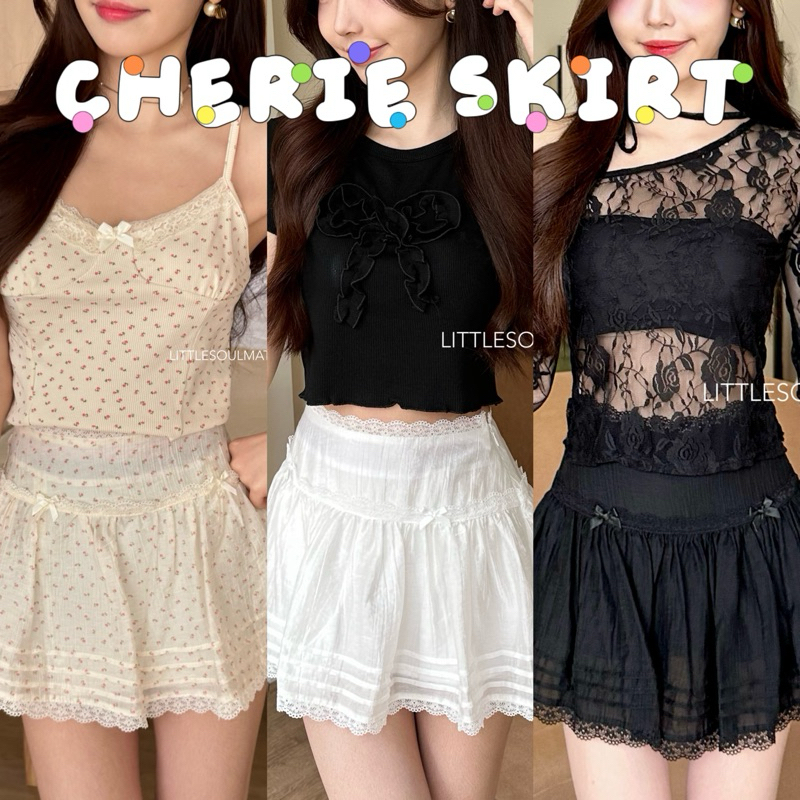 littlesoulmate กระโปรงสั้นเอวกลาง สไตล์วินเทจ ติดโบว์(cherie)