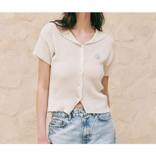 Ronron Sailor Boucle Summer Cardigan (Ivory, Blue)