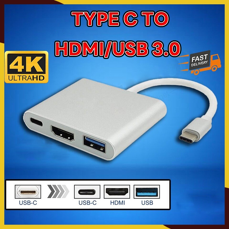 Usb-c ถึง HDMI ตัวแปลงสายเคเบิล 3 ใน 1 สําหรับ Samsung Huawei iPad USB 3.0 ประเภท C ถึงสายอะแดปเตอร์ 4K ที่รองรับ HDMI