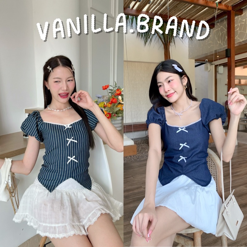 เสื้อแขนพองผ้ายีนส์ลายทาง ดีเทลชายเว้า -ttm / VB0466