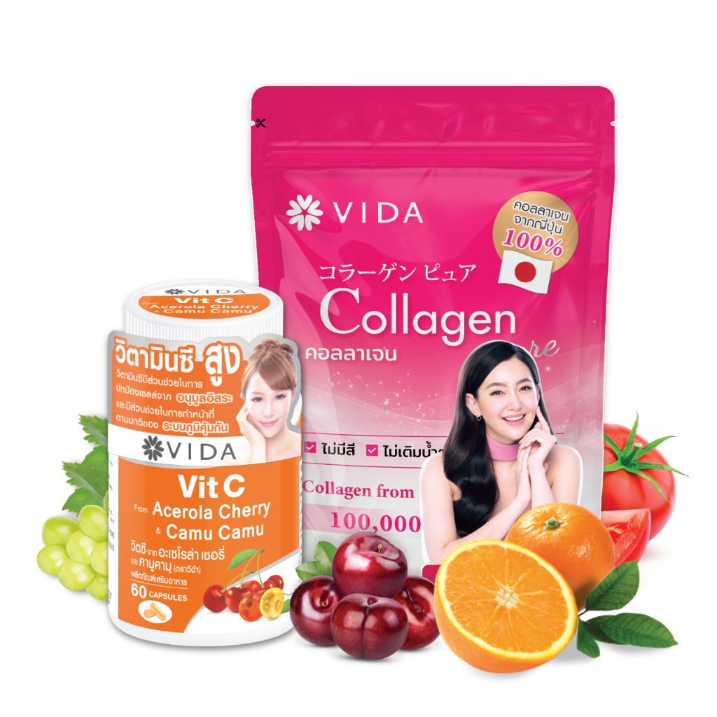 [Set] Vida Collagen Pure 100g. 1 Sac. x Vida Vit C 60 Capsules 1 Jar.