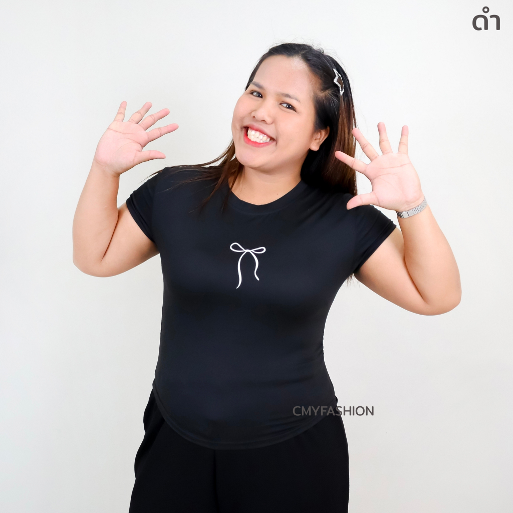 เสื้อยืด สาวอวบ ไซส์ใหญ่ คอกลม แขนสั้น เอวจั้ม ปักโบว์ ผ้าคอตตอนผสม tb4302-2xl#