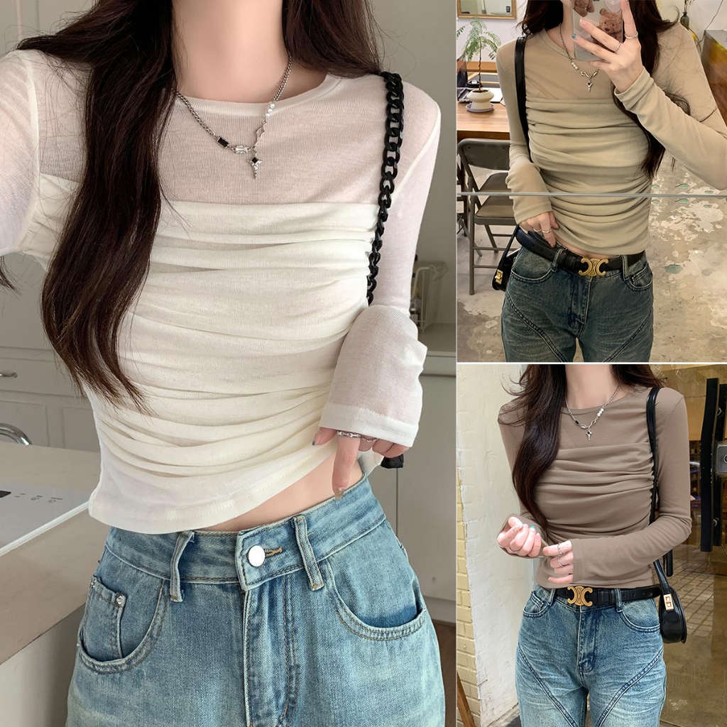 ohho เสื้อยืดแขนยาว ผ้ากอซ จับจีบ เข้ารูป ออกแบบดี เหมาะกับฤดูใบไม้ร่วง แฟชั่นบอททอม สําหรับผู้หญิง w458