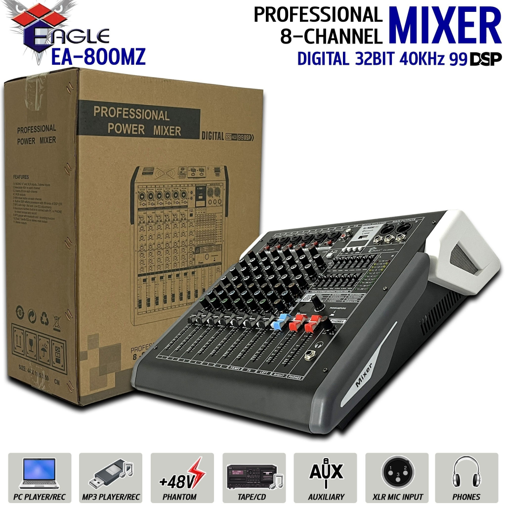 มิกเซอร์ 8 ch POWER MIXER ยี่ห้อ EAGLE รุ่น EA-800MZ เอฟเฟกต์ดิจิตอล DSP 99 ชนิด พร้อม USB บลูทูธ ดิ