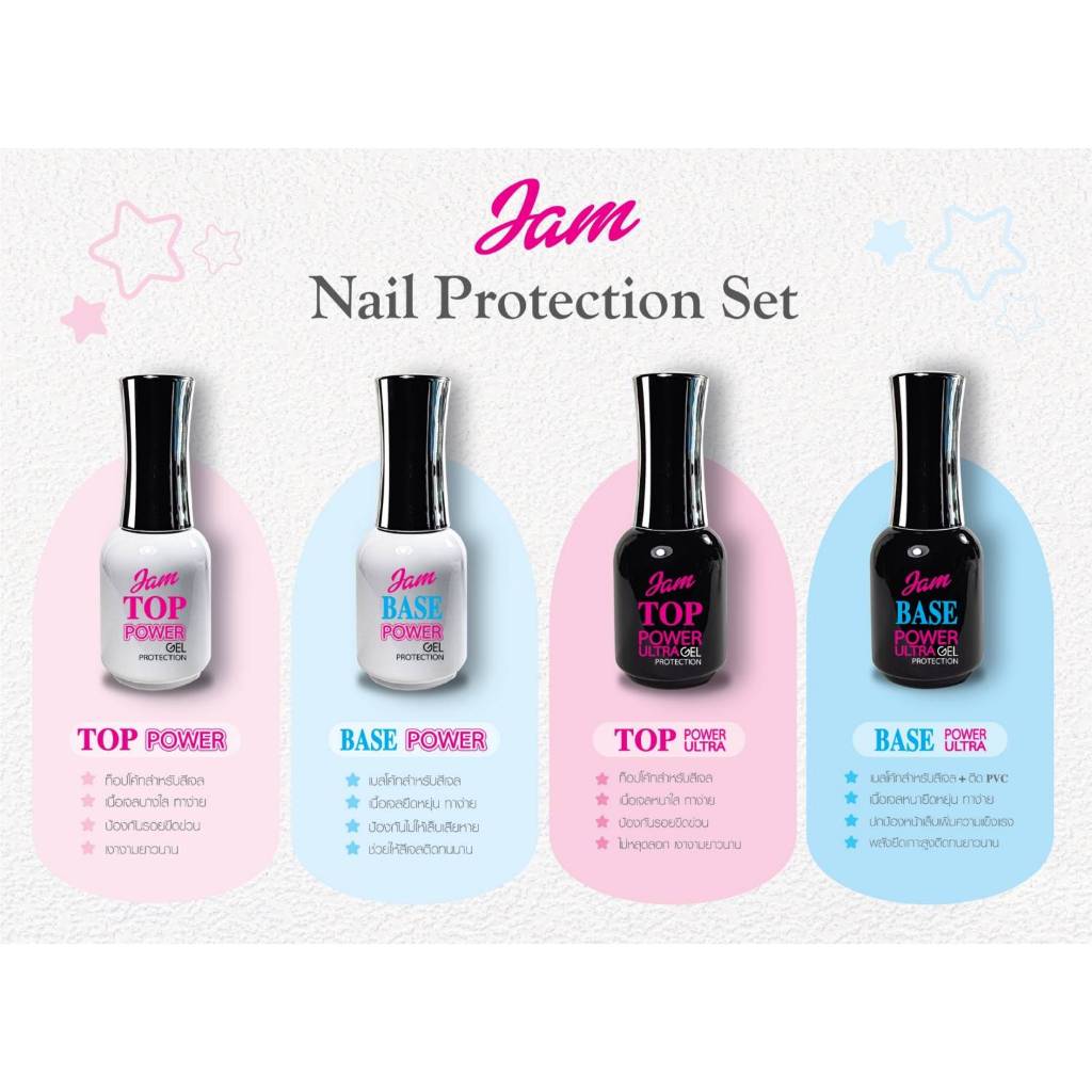 Jam nail brand🆕️Base coat/Top coat รวมเบสทนทานและท้อปสุดเงา Power&Ultra หลายตัวเลือก พร้อมส่ง