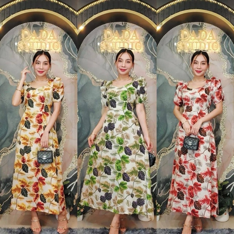 พร้อมส่ง เดรสยาวสาวอวบผ้าไหมอิตาลี ลายใบไม้สวยเก๋ๆ