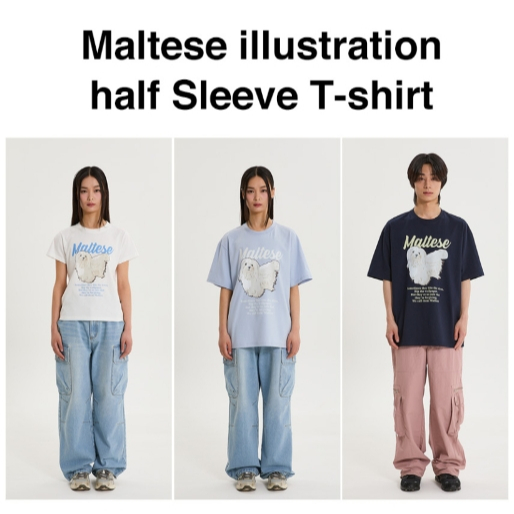 Waikei / Wak Kei Maltese Archive Illustration Half Sleeve T-shirts (Melange White, Navy, Sky Blue, W