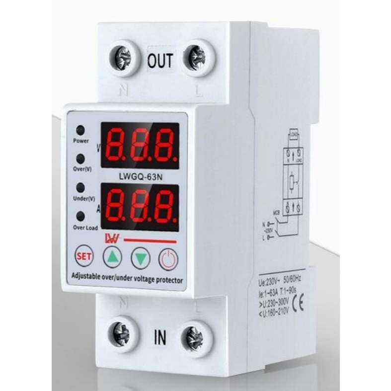อุปกรณ์ป้องกันไฟตก /ไฟเกิน/กระแสเกิน 1-63A 230v AC ปรับตั้งค่าแรงดันสูงตำ่ ค่ากระแส หน่วงเวลา เองได้ voltage& protector