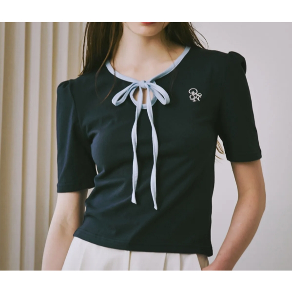 Ronron String Ribbon Puff Sleeve T-Shirt (Navy Blue)