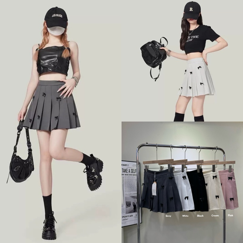 Gang_jeans#159(K)กระโปรงเทนนิส สีพื้นแต่งโบว์