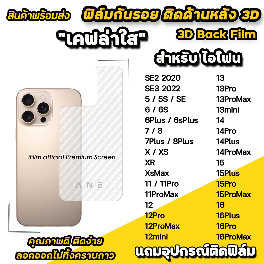 ฟิล์มกันรอย ฟิล์มหลัง เคฟล่า For iphone 16 Pro Max 16Plus 15ProMax 15Plus 14ProMax 13 mini 12 iphone11 ฟิล์มหลัง ไอโฟน