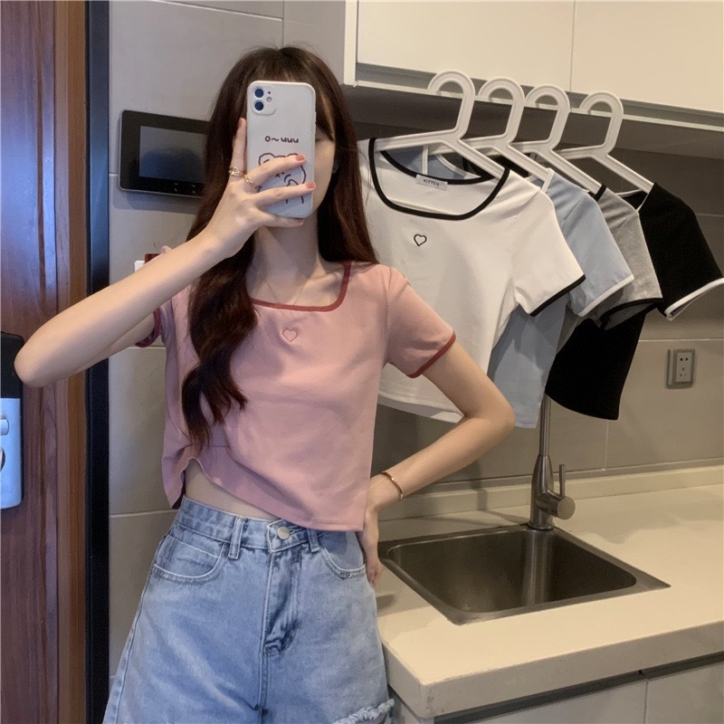 เวอร์ชั่นเกาหลี สำหรับผู้หญิง รูปหัวใจ น่ารัก งานปัก ทรงเข้ารูป แขนสั้นลำลองอเนกประสงค์
