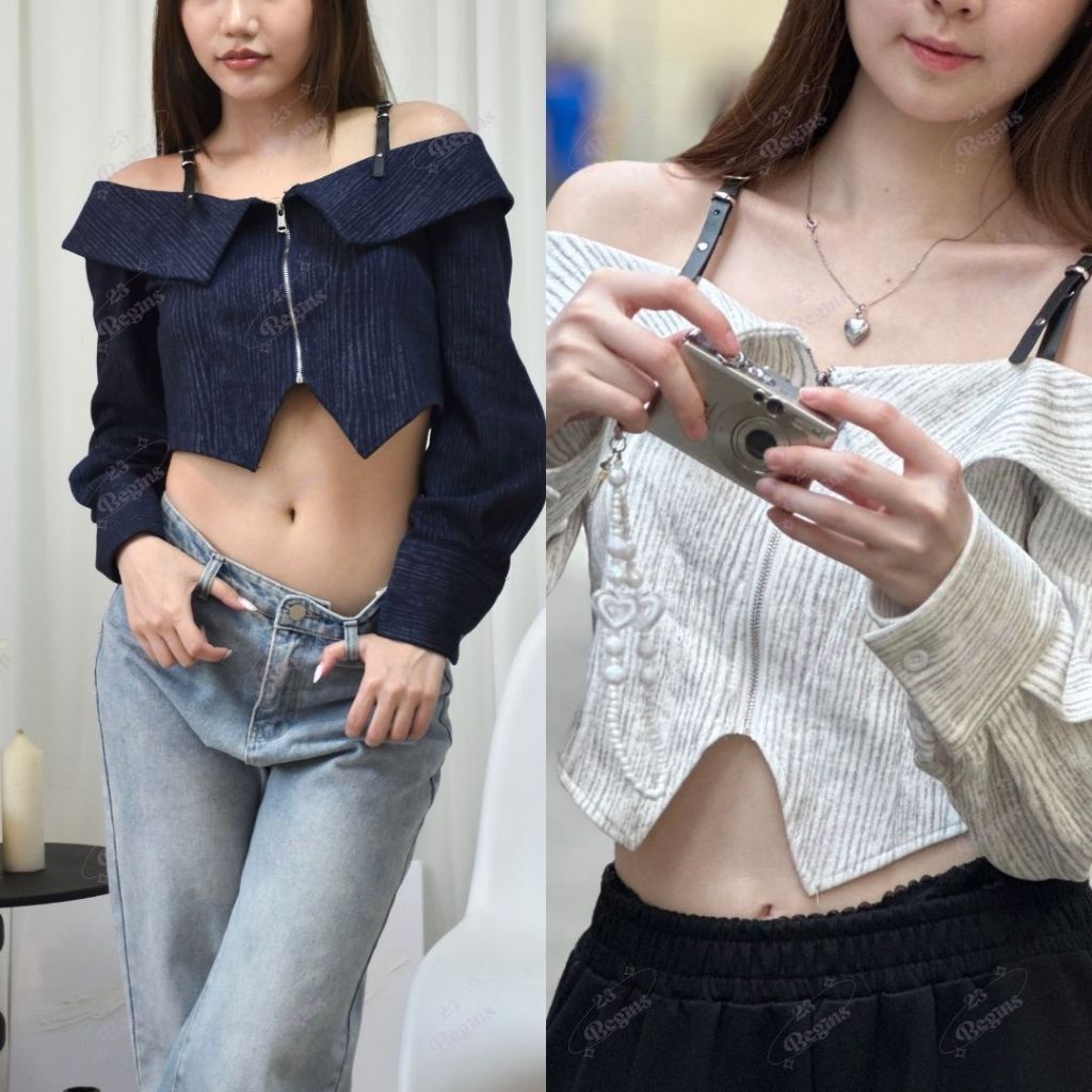 Britany เสื้อปาดไหล่ สายเหนัง pu เสื้อผ้าเนื้อพรีเมียม ผ้าดีมาก (9895)