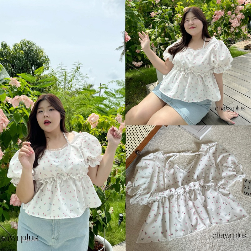 (LD) เสื้อแขนตุ๊กตา ลายดอกไม้ ดีเทลคล้องคอ สุดน่ารัก หวาน ละมุนมากๆ เสื้อผ้าสาวอวบอ้วน พลัสไซส์ ไซส์ใหญ่