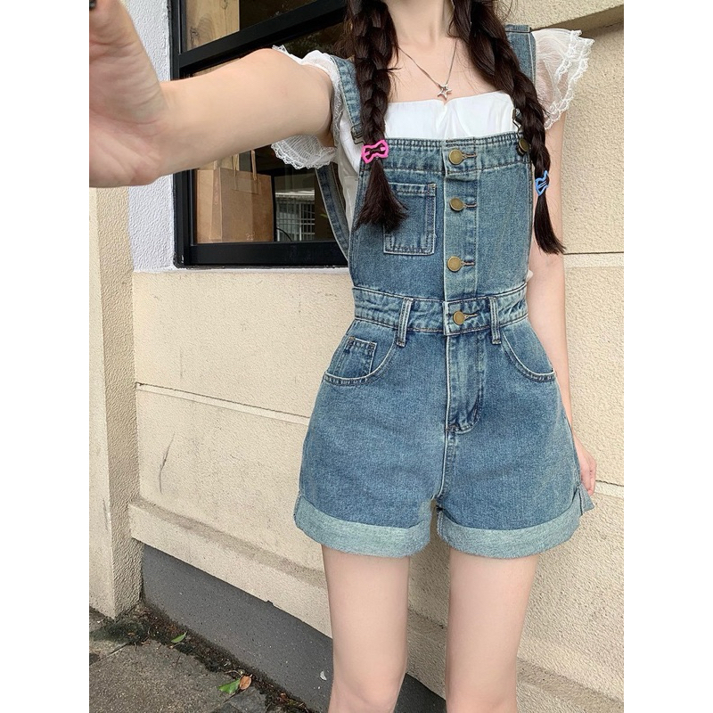 Manyjeans Shorts Overall เอี๊ยมกางเกงยีนส์ขาสั้นเอวสูง(สินค้าพร้อมส่งในไทย)