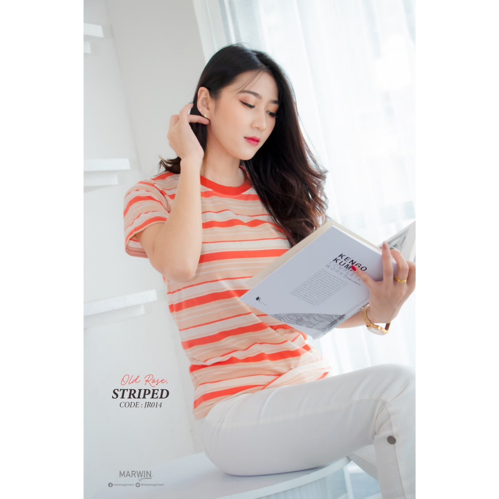 เสื้อยืดริ้ว โทนส้ม Striped คอกลม เเขนสั้น