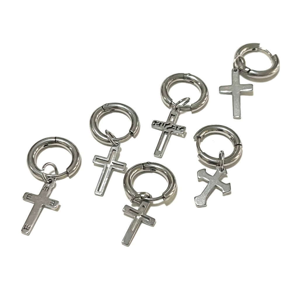 ต่างหู ต้องเจาะหู ตุ้มหู จิว ไม้กางเขน Cross Huggie Earrings for Men Stainless Steel Earing Punk Mal