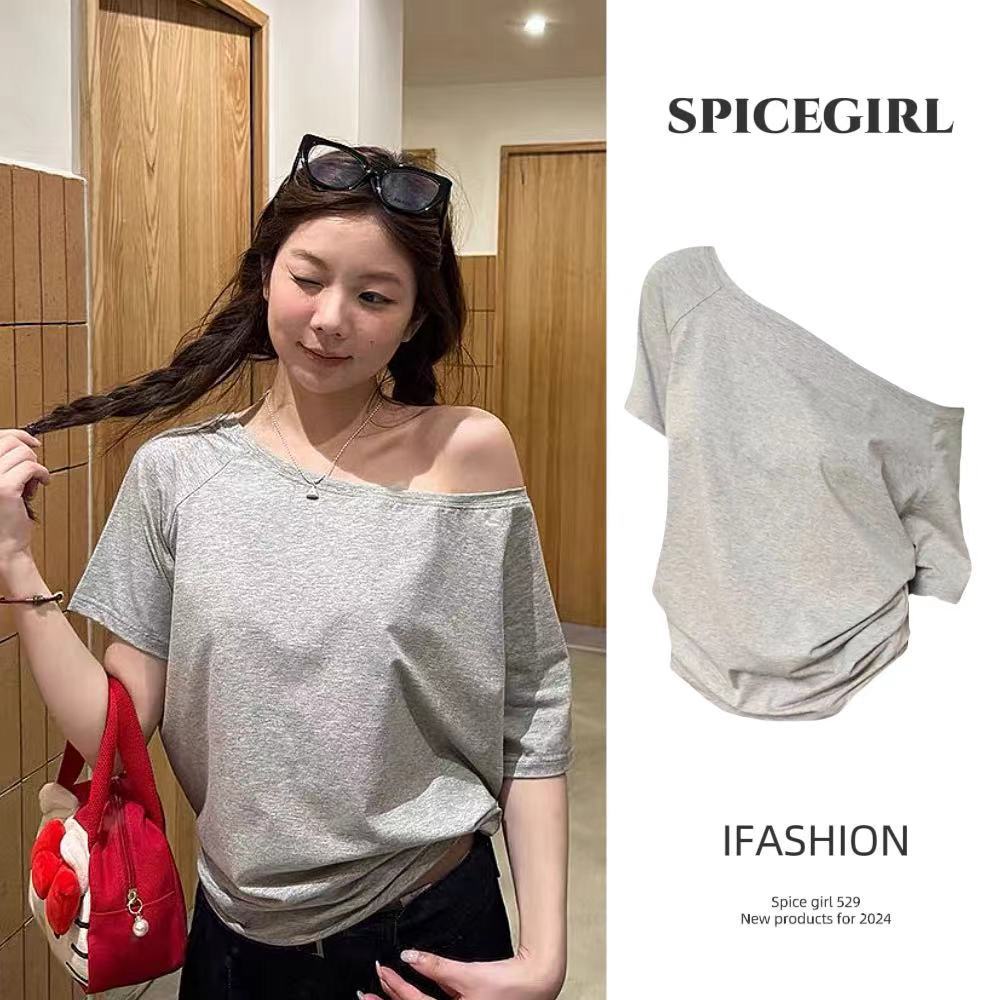 🔥Spice Girl🔥ดีไซน์เปิดไหล่เสื้อยืดตัวใหญ่ ผ้าฝ้าย 100% ทรงหลวม สไตล์เกาหลี ใส่ง่าย แฟชั่นเสื้อยืด เข้ากับทุกชุด