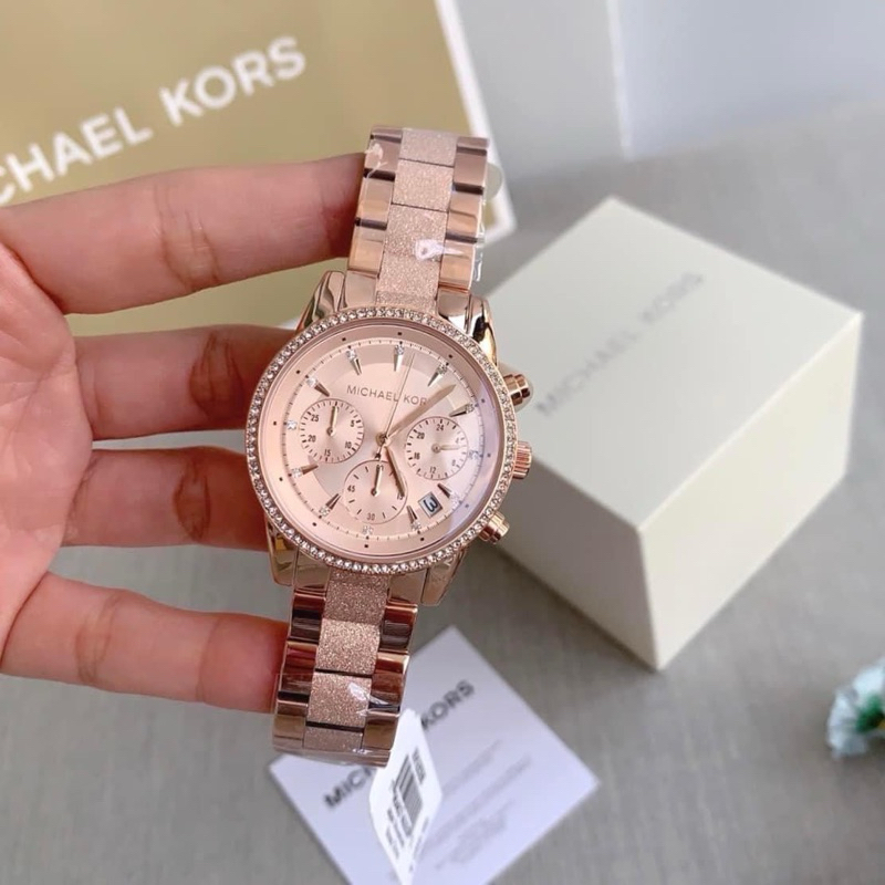 [ของแท้100%🇺🇸] นาฬิกาข้อมือ Michael kors MK6598 สายกิตเตอร์ สีพริ้งโกล์ด ระบบโคโนกราฟ