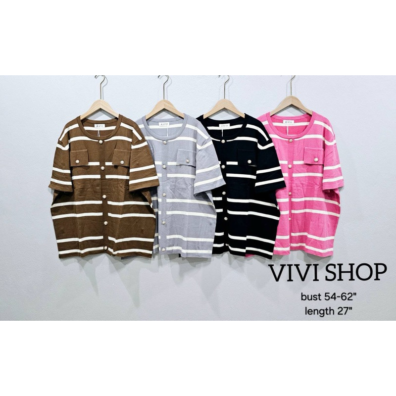 เสื้อไหมพรมลายริ้วแต่งกระดุมกระเป๋าหลอก